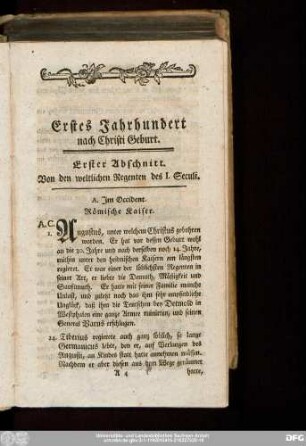 Erster Abschnitt. Von den weltlichen Regenten des I. Seculi.
