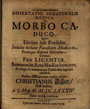 Dissertatio Inauguralis Medica De Morbo Caduco