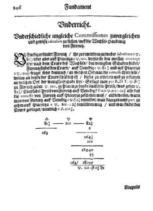 Underricht. Underschiedliche ungleiche Commissiones zuvergleichen und gewisse calculam zu stellen/ auff die Wechsel-Handlung von Florentz.