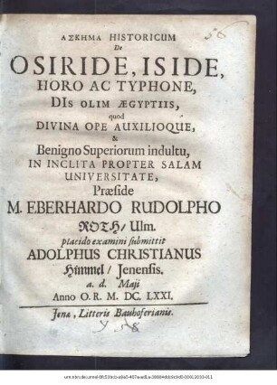 Askēma Historicum De Osiride, Iside, Horo Ac Typhone, Diis Olim Aegyptiis