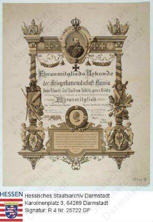 Schlitz gen. von Görtz, Emil Graf v. (1851-1914) / Ehrenmitglieds-Urkunde der Kriegerkameradschaft Hassia für Graf Emil von Schlitz gen. von Görtz