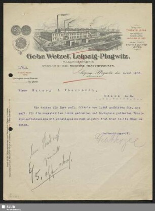 Gebr. Wetzel, Leipzig-Plagwitz, Maschinenfabrik : Auftragsbestätigung