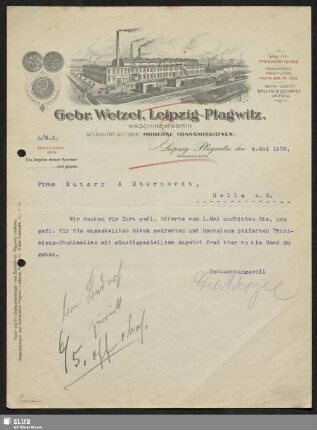 Gebr. Wetzel, Leipzig-Plagwitz, Maschinenfabrik : Auftragsbestätigung
