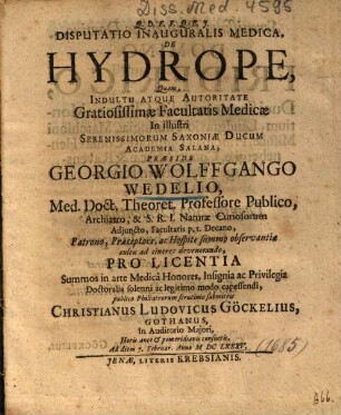 Disputatio Inauguralis Medica, De Hydrope