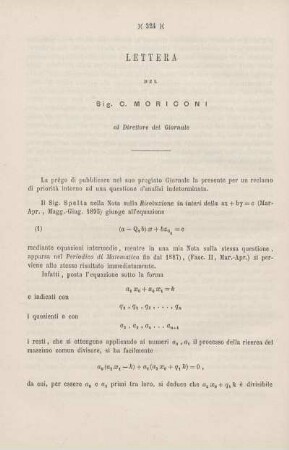 Lettera del Sig. C. Moriconi al Direttore del Giornale.