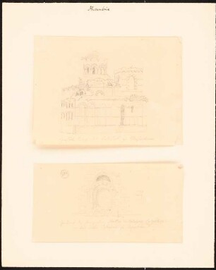 Kirche des Erlösers (Christos Pantokrator) und Grabmal der Prinzessin Martha Kantakuzena in der alten Kathedrale, Mesembria: Perspektivische Außenansicht der Kirchenruine und Ansicht des Grabmales, links o. Medaillonemblem mit Monogramm (zwei Blätter)