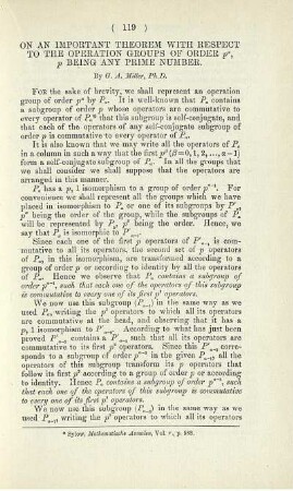 On an important theorem with respect to the operation groups of order ..., p being any prime number.