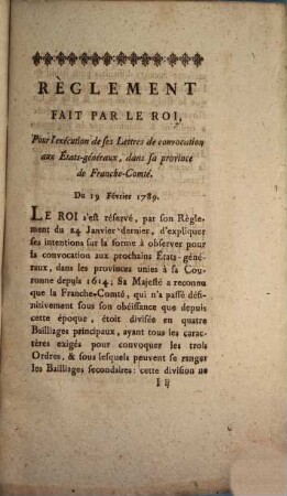 Règlement fait par le roi ... pour sa province de Franche-Comte : 19. Fevr. 1789