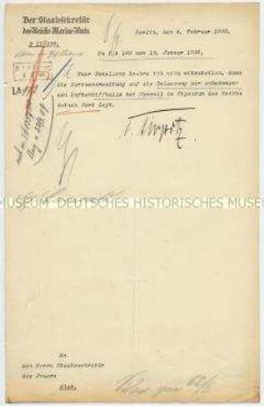 Brief mit eigenhändiger Unterschrift des Staatssekretärs des Reichs-Marine-Amtes A. Tirpitz zur schwimmenden Luftschiffhalle bei Manzell