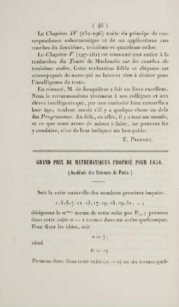 Grand prix de mathématiques proposé pour 1858.