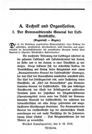 I. Der Kommandierende General der Luftstreitkräfte.
