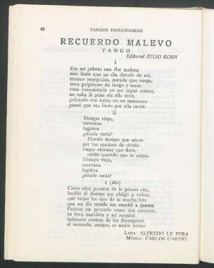Recuerdo malevo : Tango. Editorial Julio Korn