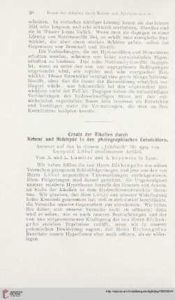 19: Ersatz der Alkalien durch Ketone und Aldehyde in den photographischen Entwicklern : Antwort auf den in diesem "Jahrbuch" für 1904 von Leopold Löbel erschienenen Artikel