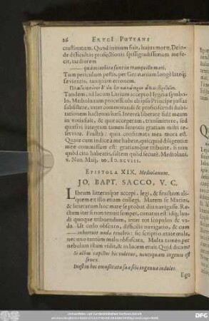 Epistola XIX. Mediolanum. Io. Bapt. Sacco, V. C.