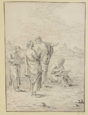 Altes Testament; Folge I, Blatt 21: Ein bärtiger Mann befiehlt drei Schreibern einen Bericht (König Davids Bericht?)