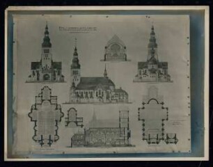 Sankt-Antonius-Kirche, Eichenau (Kattowitz): Zeichnung: Ansichten, Schnitte, Grundrisse