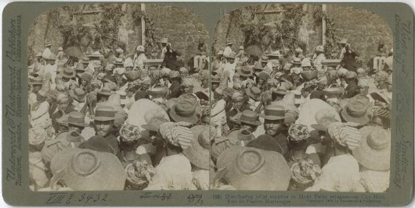 Distribution of relief rations to refugees from Mont Pelée