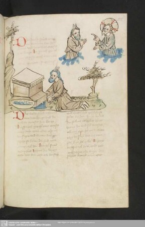 135r: kolorierte Federzeichnung: Moses baut Gott einen Altar, Moses darf Gott schauen (Entrückung)
