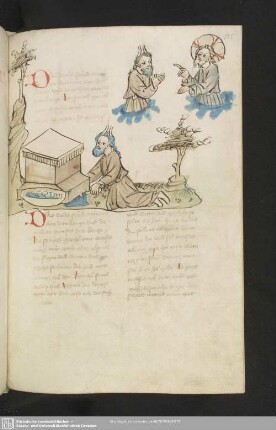 135r: kolorierte Federzeichnung: Moses baut Gott einen Altar, Moses darf Gott schauen (Entrückung)