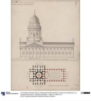Berlin, Gendarmenmarkt. Entwurf zum Umbau des Deutschen und Französischen Doms. Grundriss und Aufriss