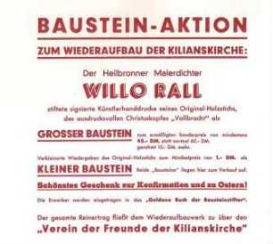 Werbeblatt "Baustein-Aktion zum Wiederaufbau der Kilianskirche" von Willo Rall