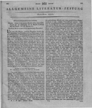 Bignon, L. P.: Lettre à un ancien ministre d'un état d'Allemagne sur les différends de la maison d'Anhalt avec la Prusse. Paris: [Firmin-Didot] 1821 (Beschluss der im vorigen Stück abgebrochenen Recension)