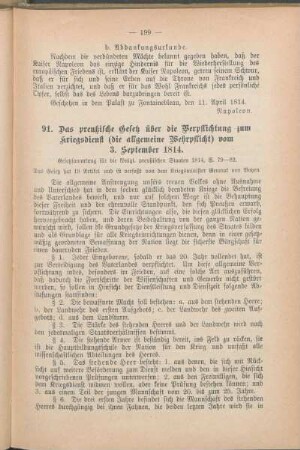 91. Das preußische Gesetz über die Verpflichtung zum Kriegsdienst (die allgemeine Wehrpflicht) vom 3. September 1814.