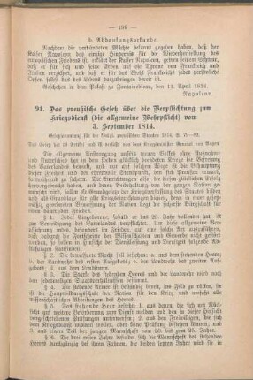 91. Das preußische Gesetz über die Verpflichtung zum Kriegsdienst (die allgemeine Wehrpflicht) vom 3. September 1814.