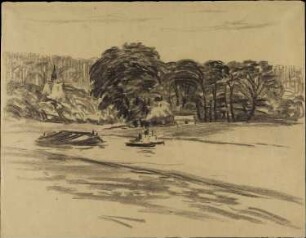 Schleppzug auf der Elbe vor bewaldeten Ufer