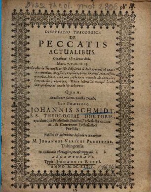 Dispvtatio Theologica De Peccatis Actualibus
