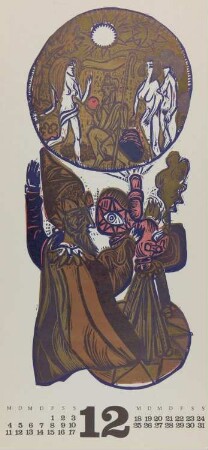 Dezemberblatt des Kalenders "Faustus 1978". Faust projiziert das Urteil des Paris