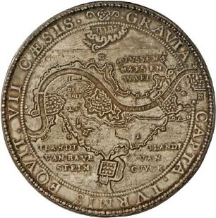 Medaille auf die niederländischen Siege des Jahres 1602: die Einnahme von Grave, die Niederlage der spanischen Kavallerie bei Maastricht und die Zerstörung spanischer Galeeren in der Straße von Dover