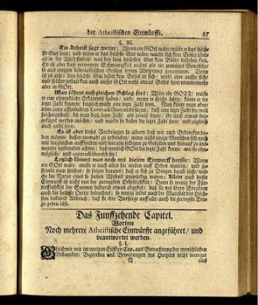 Das Funffzehende Capitel. Worinn noch mehrere Atheistische Einwürffe angeführet / und beantwortet werden.