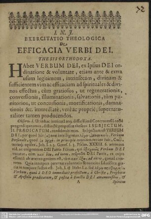 Exercitatio Theologica De Efficacia Verbi Dei. Thesis Orthodoxa
