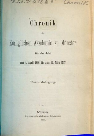 Chronik der Königlichen Akademie zu Münster. 1886/87 = Jg. 1