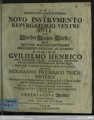 Dissertatio Medico-Curiosa De Novo Instrumento Repurgatorio Ventriculi Vulgo Von der Magen-Bürste