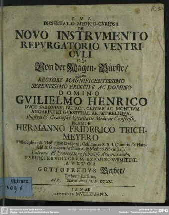 Dissertatio Medico-Curiosa De Novo Instrumento Repurgatorio Ventriculi Vulgo Von der Magen-Bürste