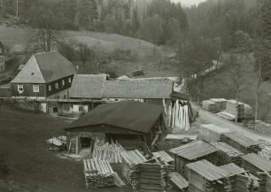 Kirnitzschtal-Ottendorf, Lochräumicht, Sägewerk u. Holzstapel der Pietschmühle