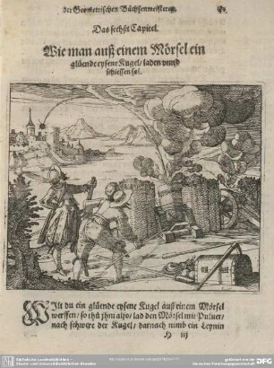 Das sechste Capitel. Wie man auß einem Mörsel ein glüende eysene Kugel/ laden unnd schiessen sol.