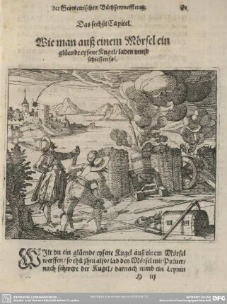 Das sechste Capitel. Wie man auß einem Mörsel ein glüende eysene Kugel/ laden unnd schiessen sol.