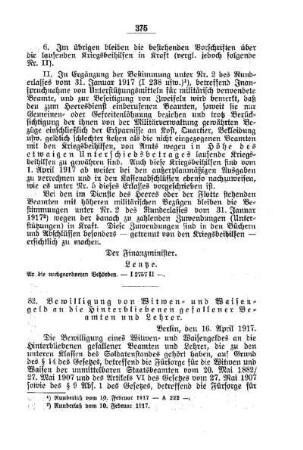 Bewilligung von Witwen- und Waisengeld an die Hinterbliebenen gefallener Beamten und Lehrer : [A. Behörden und Beamte]