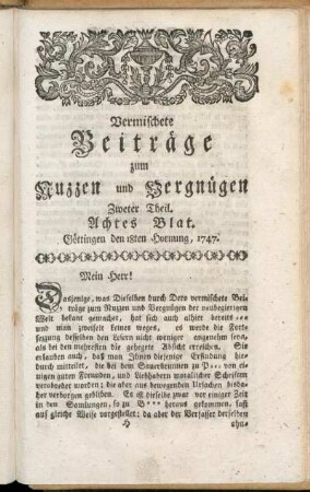 Achtes Blat, ... den 18ten Hornung 1747