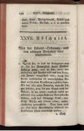 XXVII. Abschnitt. Von der Lebens-Ordnung, und dem nöthigen Verhalten einer Kindbetterin.