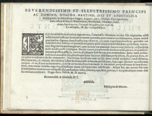 Dedikation an Martin Erzbischof von Prag. Martin Medeck aus Mähren. Erzbischoffsweihe 1581. Prag 10. Oktober 1587
