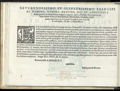 Dedikation an Martin Erzbischof von Prag. Martin Medeck aus Mähren. Erzbischoffsweihe 1581. Prag 10. Oktober 1587