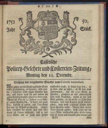 50. Stueck, Montag den 11. Decembr. 1752