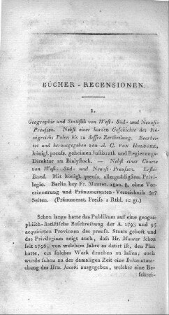 Geographie und Statistik von West-, Süd- und Neu-Ostpreussen : nebst einer kurzen Geschichte des Königreichs Polen bis zu dessen Zertheilung ; nebst einer Charte von West- Süd- und Neu-Ostpreußen / bearbeitet und herausgegeben von A[ugust] C[arl] von Holsche. - Berlin : Maurer. - Bd. 1. - 1800