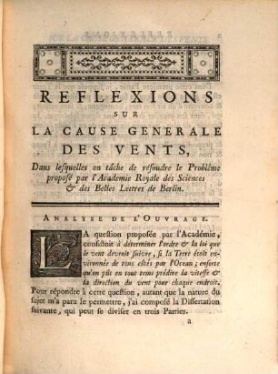 Reflexions Sur La Cause Generale Des Vents : Piéce qui a remporté le Prix proposé Par L'Académie Royale des Sciences de Berlin, pour l'année 1746.