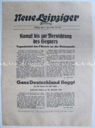 Extrablatt der "Neuen Leipziger Zeitung" mit dem Aufruf Hitlers zur Beflaggung angesichts der militärischen Erfolge gegen Frankreich