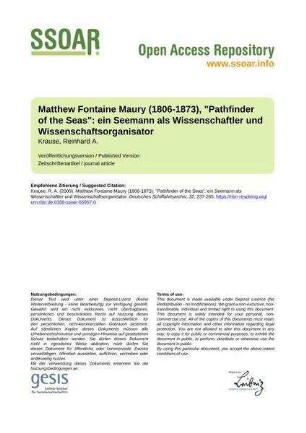 Matthew Fontaine Maury (1806-1873), "Pathfinder of the Seas": ein Seemann als Wissenschaftler und Wissenschaftsorganisator